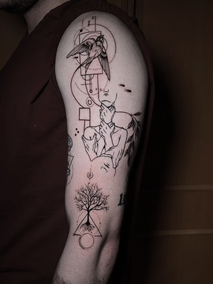 Linework tattoo with bird, tree, and geometric shapes
